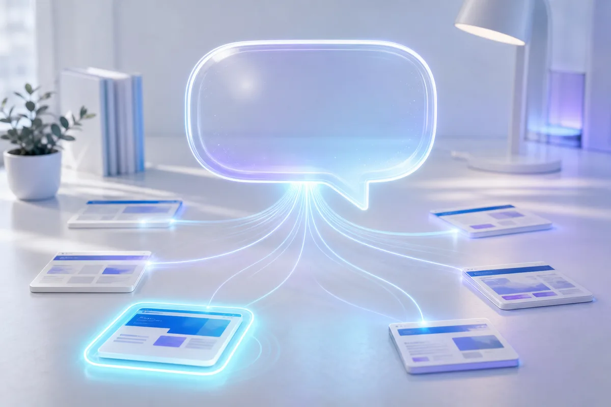 Illustration d'une réponse générée par l'IA reliée par des liens lumineux à plusieurs sites web, dont un mis en avant
