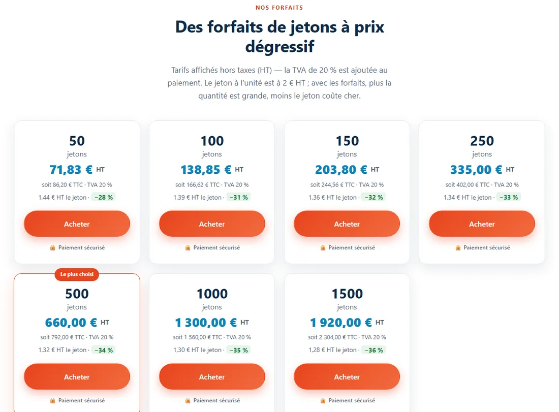 Les forfaits de jetons pour les professionnels